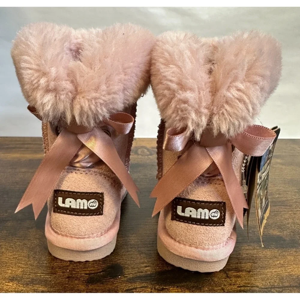 Lamo Youth Rose Pink Suede Faux Fur Bow Winter Boots Splash Secure Size 6C NEW - Picture 7 of 10
